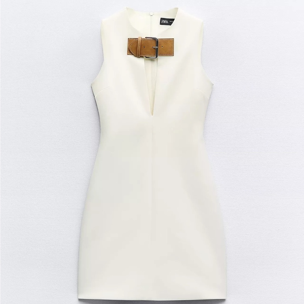 NWT Zara Cream Sleeveless Dress with Brown Buckle